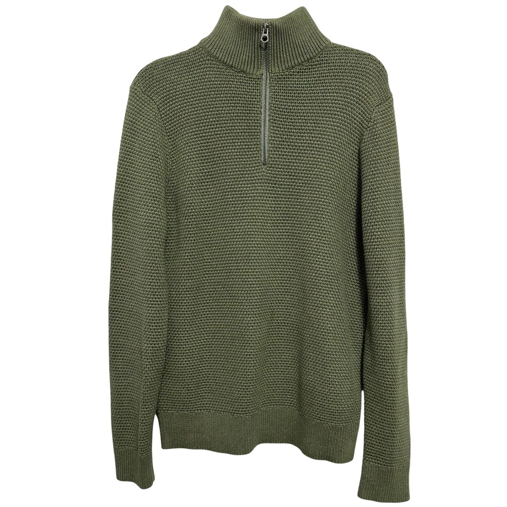 J.Crew Quarter Zip Sweater Womens M Olive Green Waffle Knit 100% Cotton
